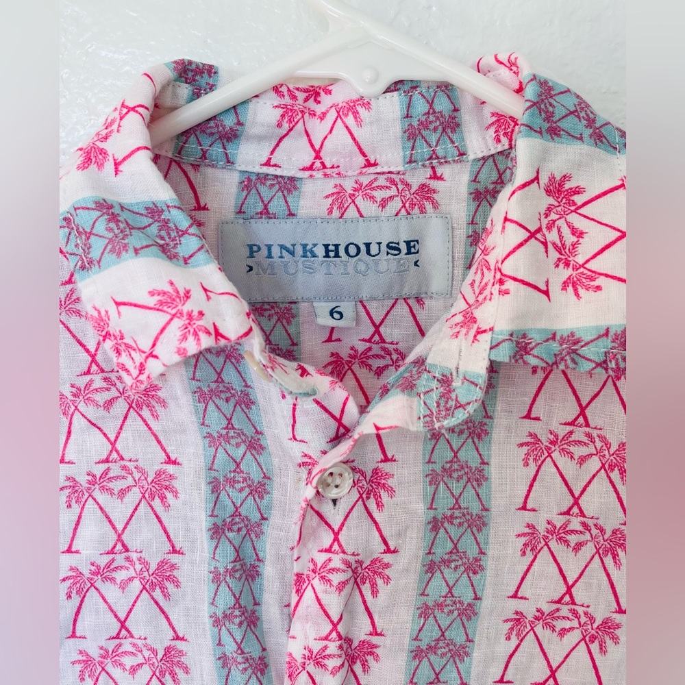 KIDS' 100% LINEN SHIRT PALM TREE STRIPE Button Down Shirt - Pink and Blue